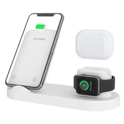 3-i-1 15W Trådlös Laddare Ställ för Airpods, Mobil, Klocka - Vit