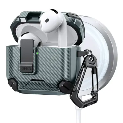 AirPods 4 Skal Magsafe Carbon Fiber med Karbinhake - Grön