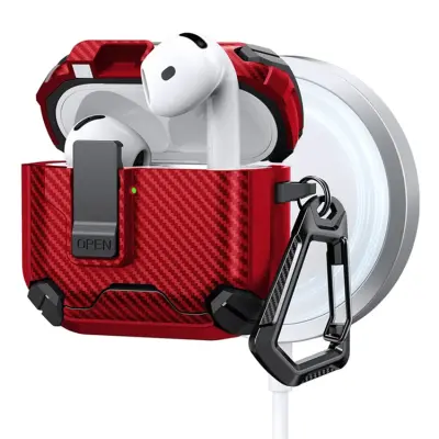 AirPods 4 Skal Magsafe Carbon Fiber med Karbinhake - Röd