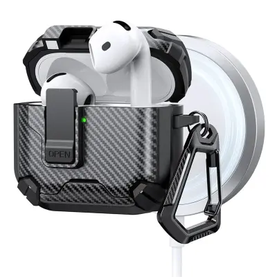 AirPods 4 Skal Magsafe Carbon Fiber med Karbinhake - Svart