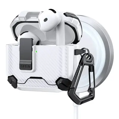 AirPods 4 Skal Magsafe Carbon Fiber med Karbinhake - Svart/Vit