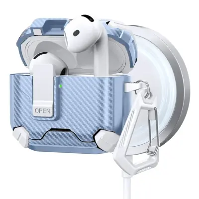 AirPods 4 Skal Magsafe Carbon Fiber med Karbinhake - Vit/Blå