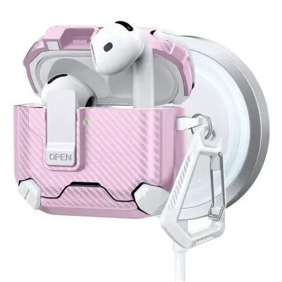 AirPods 4 Skal Magsafe Carbon Fiber med Karbinhake - Vit/Rosa