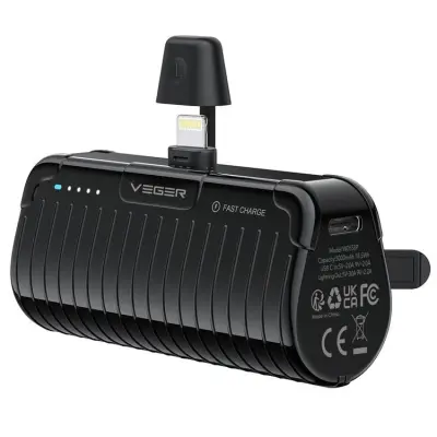 VEGER Powerbank 5000 mAh 20W med Lightning Plug PD QC 3.0