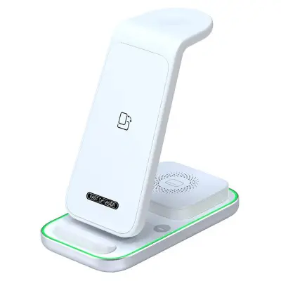 3-i-1 15W trådlös laddare med nattlampa för iPhone, Apple Watch - Vit