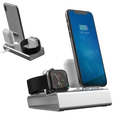 3-i-1 Aluminium Dockningsstation för Apple Watch, Airpods och Telefon - Grå