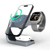 3-in-1 Qi2 Trådlös Laddare Magsafe iPhone, Apple Watch, AirPods - Grå (Tarnish)
