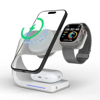 3-in-1 Qi2 Trådlös Laddare Magsafe iPhone, Apple Watch, AirPods (Vit)