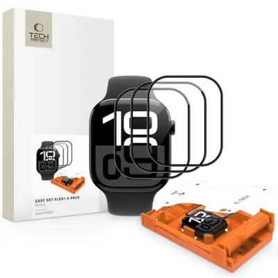 [3-Pack] Tech-Protect Apple Watch 10/11 (42mm) Hybridglas Easy Set Flex - Svart