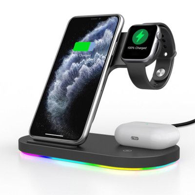 3in1 Qi 15W Trådlös laddare iPhone / Apple Watch / AirPods - Svart