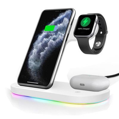3in1 Qi 15W Trådlös laddare iPhone / Apple Watch / AirPods - Vit
