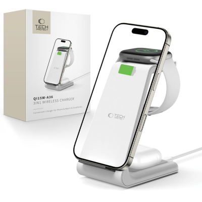 Tech-Protect 3-in-1 Trådlös Laddare iPhone, Apple Watch, AirPods - Vit