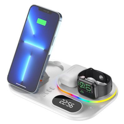 4in1 15W Trådlös laddare iPhone/Apple Watch/AirPods/Digital klocka
