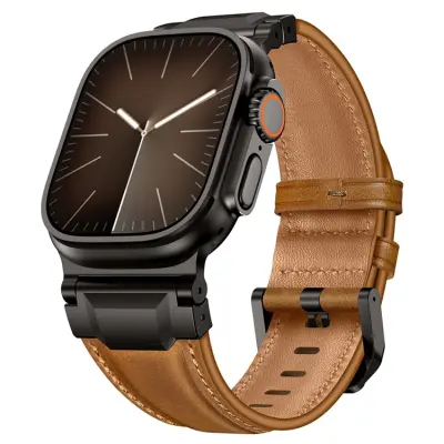 Apple Watch (42/44/45/46/49mm) Armband Cowhide Läder - Mörkbrun/Svart