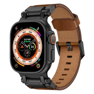 Apple Watch Ultra (49mm) Armband Svart Äkta Läder - Brun