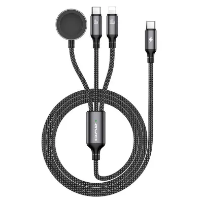 AWEI W23 1,2m Type-C till Type-C + iP + Trådlös laddare för Apple Watch - Svart