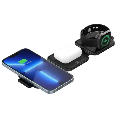 Fällbar Magnetisk Trådlös Laddare 3-i-1 för iPhone / Apple Watch - Svart