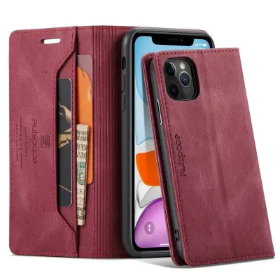 AUTSPACE A01 iPhone 11 Pro Max Plånboksfodral Konstläder - Röd