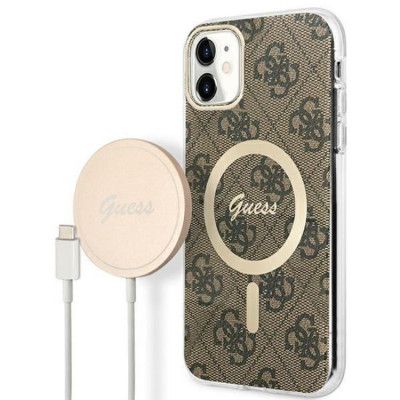 Guess iPhone 11 Magsafe Skal Print + Trådlös Laddare - Brun