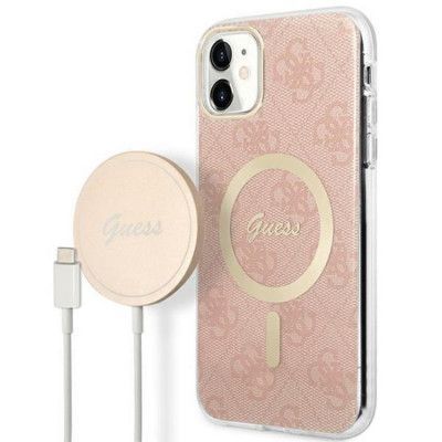 Guess iPhone 11 Magsafe Skal 4G Print + Trådlös Laddare - Rosa