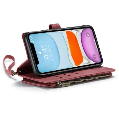CASEME Konstläder Plånboksfodral för iPhone 11 med Rem och Kortfack - Röd