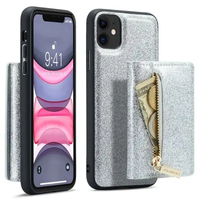 DG.MING M3 Series iPhone 11 Konstläder Plånboksfodral 2-i-1 Med Ställ Silver