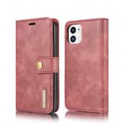 DG.MING Avtagbart Äkta Läder Plånboksfodral iPhone 12 Mini - Röd