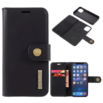DG.MING iPhone 12 mini Plånboksfodral 2 i 1 Äkta läder Stöttålig Svart