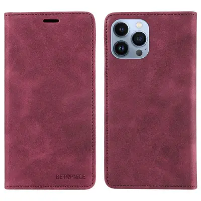 BETOPNICE 003 iPhone 12 Pro Max Plånboksfodral Konstläder - Röd