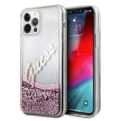 Guess iPhone 12 Pro Max Skal Glitter Vintage Script - Rosa