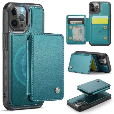 JEEHOOD J05 iPhone 12 Pro Max Mobilskal Läder med Magnetficka Cyan