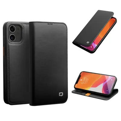 QIALINO iPhone 12 Pro Plånboksfodral Äkta läder - Svart