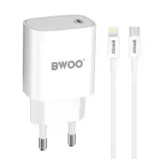 BWOO Väggladdare 20W + Kabel USB-C Till Lightning 1m - Vit