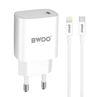 BWOO Väggladdare 20W + Kabel USB-C Till Lightning 1m - Vit (Lightning Kablar)