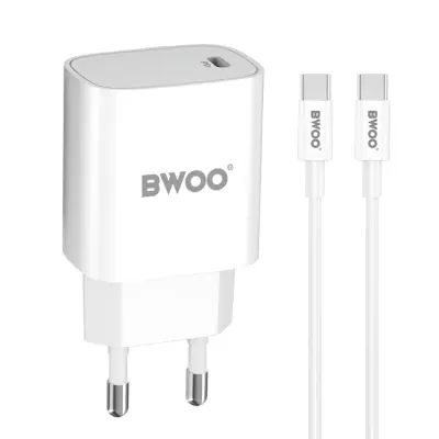 BWOO Väggladdare 20W + Kabel USB-C Till USB-C 1m - Vit (USB-C Kablar)
