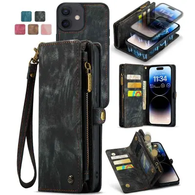 CASEME 008 iPhone 12 Konstläder Plånboksfodral med dragkedja och ställ - Svart