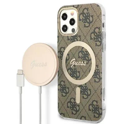Guess iPhone 12/12 Pro Magsafe Skal Print + Trådlös Laddare - Brun