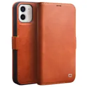 QIALINO iPhone 12 Plånboksfodral Äkta Läder Hoppbart Stativ