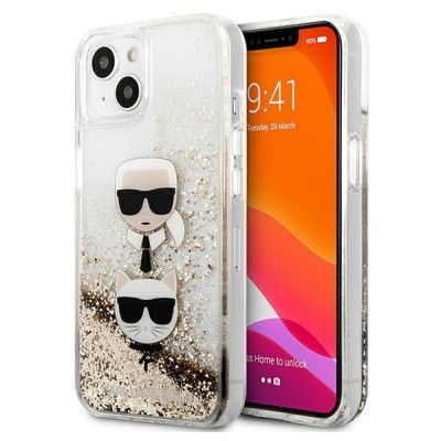 Karl Lagerfeld Glitter Liquid Karl & Choupette Head Skal iPhone 13 Mini - Guld