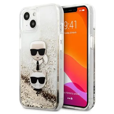 Karl Lagerfeld Glitter Liquid Karl&Choupette Head Skal iPhone 13 Mini - Guld