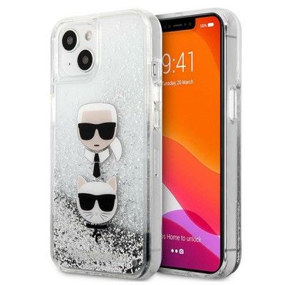 Karl Lagerfeld Liquid Glitter Karl & Choupette Head Skal iPhone 13 Mini - Silver