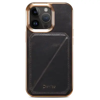 DENIOR iPhone 13 Pro Max kortfodral med kickstand äkta läder svart
