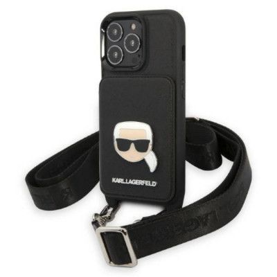 Karl Lagerfeld iPhone 13 Pro Max Halsbandsskal Saffiano Metal Karl Head - Svart