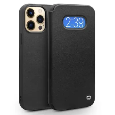 QIALINO iPhone 13 Pro Max Fodral Äkta Läder Cowhide - Svart