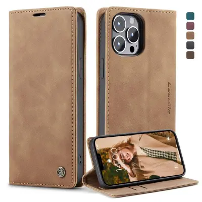 CASEME 013 Series Mobilskal KonstLäder med Ställ för iPhone 13 Pro - Brun