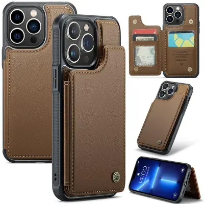 CASEME C22 iPhone 13 Pro Fodral KonstLäder RFID-Skydd- Brun