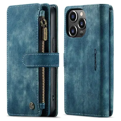 CASEME Konstläder Plånboksfodral för iPhone 13 Pro med Rem och Fickor - Blå