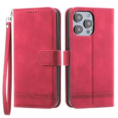 DIERFENG DF-03 Plånboksfodral för iPhone 13 Pro - Konstläder - Röd