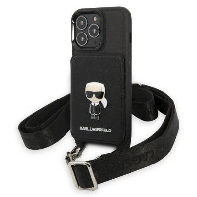 KarlLagerfeld iPhone 13 Pro Korthållare Halsbandsskal Saffiano Metal Ikonik