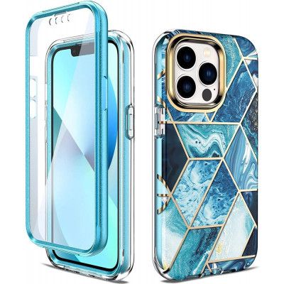 Marble Grid 360° Skal iPhone 13 Pro - Blå